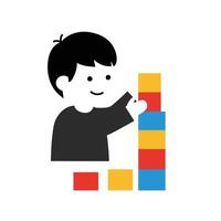 Child stacking colorful blocks in a playful scene with flat design art vector
