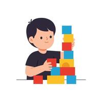 Boy stacking colorful building blocks in flat design style illustration vector