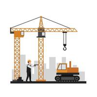 Construction worker operating crane and machinery in flat art vector