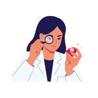 Scientist examining gemstone with magnifying glass in flat art vector