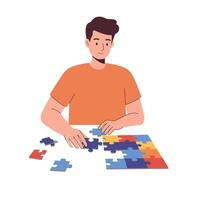 Young man assembling colorful puzzle pieces in flat illustration vector