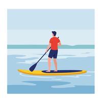 Person paddling on stand-up paddleboard in flat art style vector