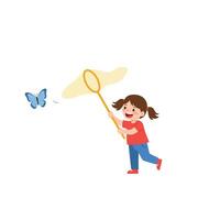 Girl capturing butterfly with net in flat minimal art vector
