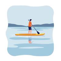Paddleboarding man on calm water in flat art style with reflections in illustration vector