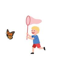 Boy chasing butterfly with net in flat art style illustration vector