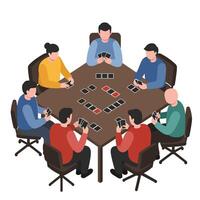 Group of people playing cards at a table in flat art vector
