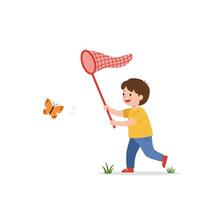 Child with net chasing butterfly in flat art style vector
