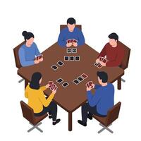 Group of friends playing card game at table in flat art vector