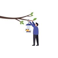 Man hanging bird feeder on tree branch in flat art vector
