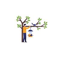 Person feeding birds with bird feeder in tree flat illustration vector