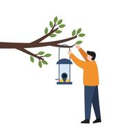 Man installing bird feeder on tree branch in minimal flat art vector