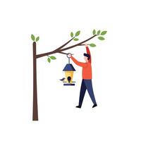 Person hanging bird feeder on tree branch in flat illustration vector