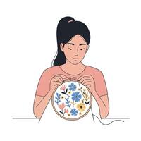 Woman embroidering floral patterns in a minimal style art vector