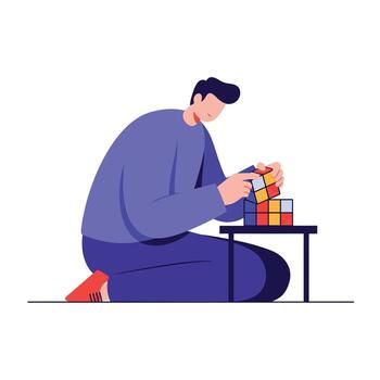 Man solving a Rubiks cube in minimal flat art style illustration vector