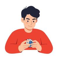 Young man solving a Rubiks Cube in flat digital style art vector