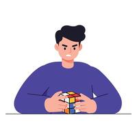 Young man solving a Rubiks Cube in flat art style vector