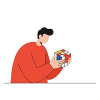 Person solving a Rubiks Cube in flat art style showcasing creativity and problem-solving skills illustration vector