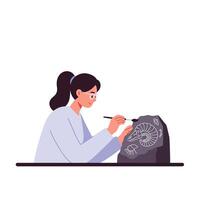 Scientist carefully examining fossil on stone slab in flat art vector