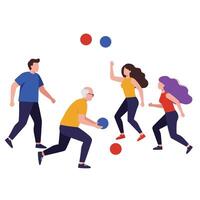 Group of people playing a fun game of dodgeball in flat art vector