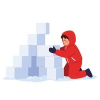 Child building a snow fort in winter with flat design art vector