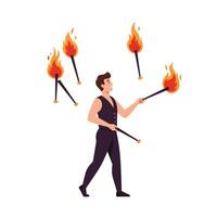 Fire juggler performing tricks in a colorful and dynamic flat art illustration vector