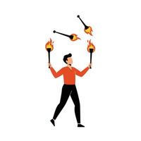 Juggler performing with flaming torches in flat style art vector