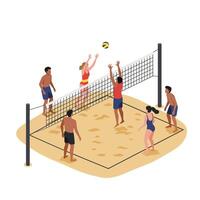Beach volleyball game in action with players jumping in flat art vector