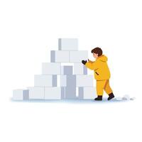 Child building a snow structure in flat art style showcasing creativity and playfulness in winter activities illustration vector