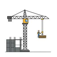Crane lifting a load with worker in flat minimal art vector
