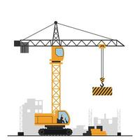 Crane lifting heavy load in minimal flat design art vector