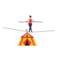 Tightrope walker balancing above a colorful circus tent in flat art vector