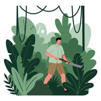 Man Cutting Through Lush Greenery in Flat Style Illustration vector