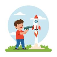 Boy with toy gun preparing for rocket launch in flat art vector