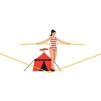 Tightrope walker balancing above a circus tent in flat art vector
