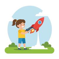Happy child launching a red rocket in flat art style with clouds and grass illustration vector