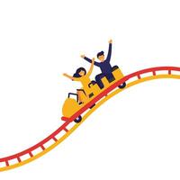 Roller coaster ride with excited passengers in flat minimal illustration vector
