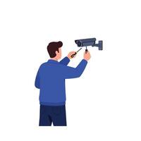 Technician installing security camera with tools in flat art illustration vector