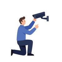Person kneeling and pointing at security camera in flat art vector