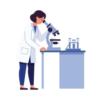 Scientist working at a laboratory table with a microscope in flat art vector