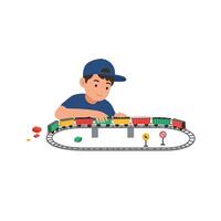 Boy playing with colorful train set in flat art style vector
