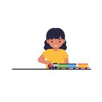 Child playing with colorful toy train in flat art style illustration vector