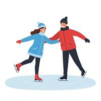 Two joyful skaters in winter attire enjoying ice skating in flat art vector