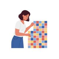 Woman arranging colorful squares in a minimal flat design illustration vector