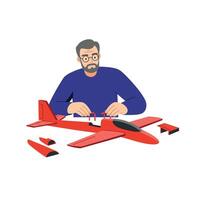 Man assembling a red model airplane in flat art style vector