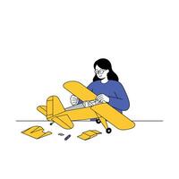 Person assembling a yellow airplane with tools in flat art style vector