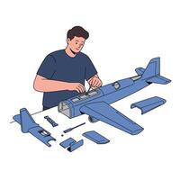 Person assembling a model airplane in a flat illustration vector