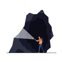 Man exploring cave entrance with flashlight in flat art vector