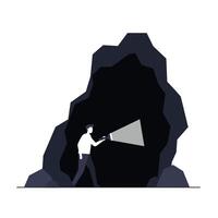 Person exploring a cave with a flashlight in flat art vector