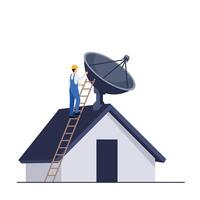 Technician installing satellite dish on rooftop in flat art vector