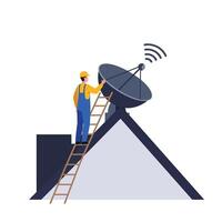 Technician adjusting satellite dish on rooftop in flat art vector